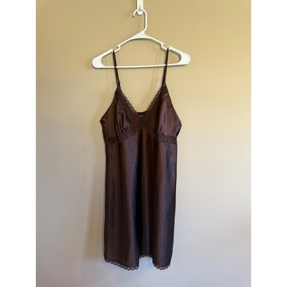 Secret Treasures Women Brown Lace Trim Satin‎ Slip Nightgown Dress L 12 14